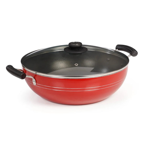 Blueberry’s Nonstick Kadai with Glass Lid 3mm Thickness 22 cm Red