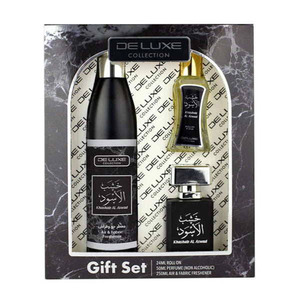 Hamidi Deluxe Collection Khashab Al Aswad 250 ml Airfreshner, 50 ml Water perfume and 24 ml Roll On 3pcs Gift Set