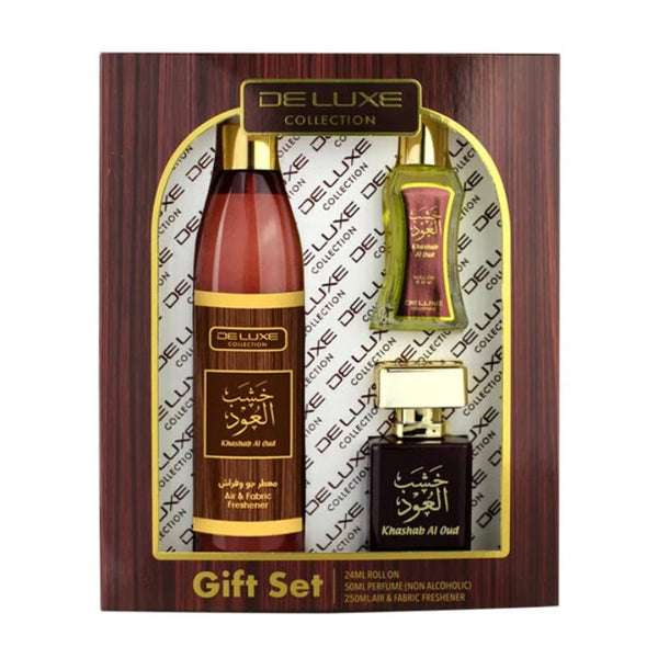 Hamidi Deluxe Collection Khashab Al Oud 250 ml Airfreshner, 50 ml Water perfume and 24 ml Roll On 3pcs Gift Set