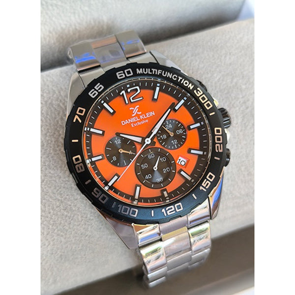 Daniel Klein Men Silver Stainless Steel Analog Orange Dial Watch DK1137432