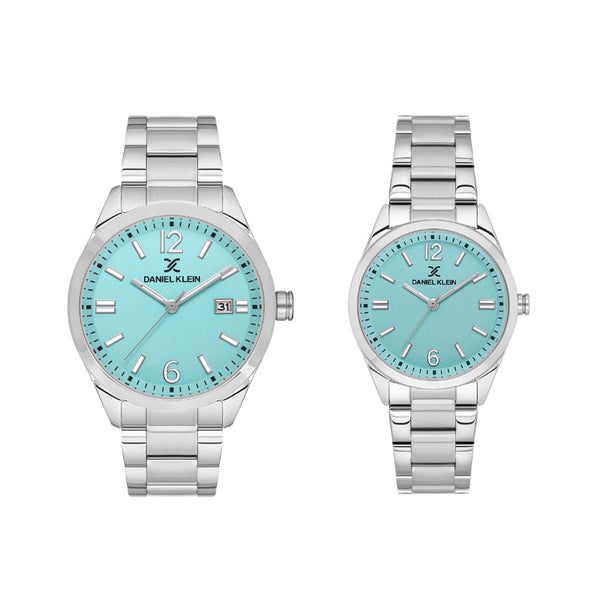 Daniel Klein Silver Stainless Steel Analog Turquoise Dial Couple Watch DK1137533