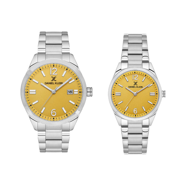 Daniel Klein Silver Stainless Steel Analog Yellow Dial Couple Watch DK1137535